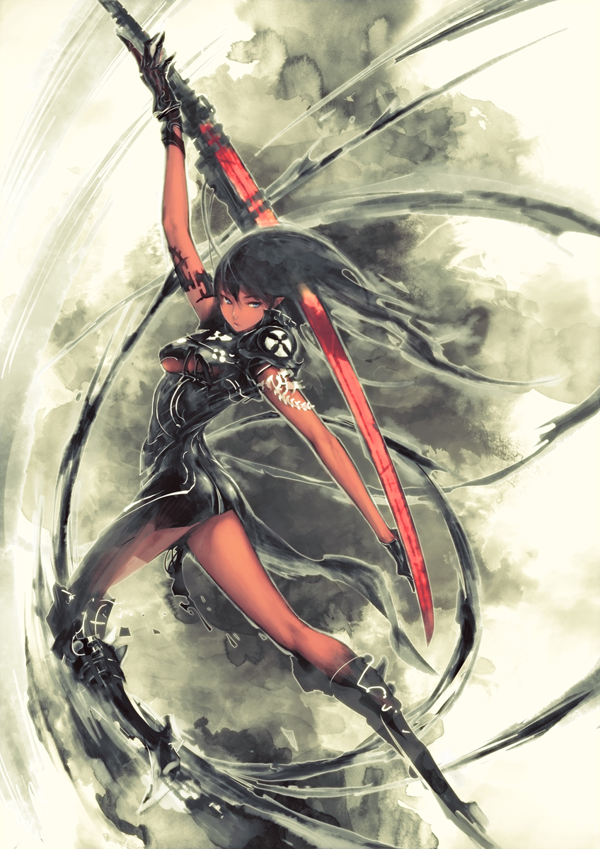 black_dress black_hair blue_eyes breasts cleavage dark_skin dress gloves highres hisakata_souji huge_weapon long_hair medium_breasts original pointy_ears solo sword underboob weapon