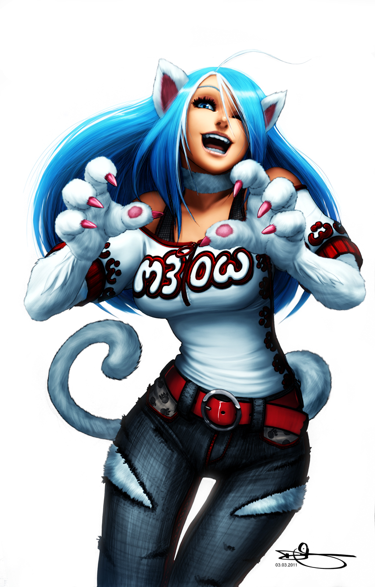 2011 :3 animal_ears bare_shoulders belt blue_eyes blue_hair breasts casual cat_ears cat_paws cat_tail claws contemporary denim error felicia fur hair_over_one_eye highres jeans large_breasts long_hair multicolored_hair omar_dogan one_eye_closed open_mouth pants paw_print paws signature slender_waist smile solo tail thigh_gap torn_clothes torn_jeans torn_pants two-tone_hair vampire_(game) zipper