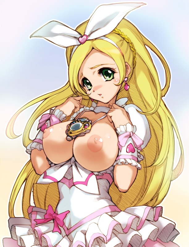 blonde_hair bow breasts cure_rhythm duplicate earrings green_eyes hair_bow hisahiko jewelry large_breasts long_hair magical_girl minamino_kanade necklace nipples open_clothes open_shirt precure shirt suite_precure