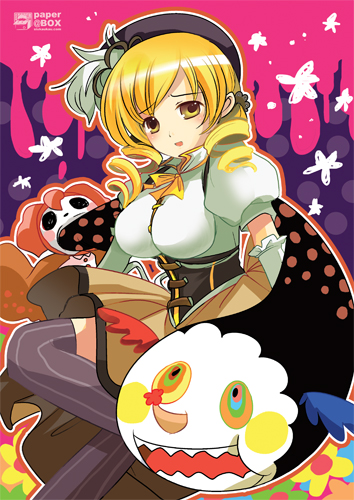 beret blonde_hair breasts charlotte_(madoka_magica) corset drill_hair hair_ornament hat large_breasts lowres magical_girl mahou_shoujo_madoka_magica monster multicolored multicolored_eyes puffy_sleeves siukaukau24 striped striped_legwear stuffed_toy thighhighs tomoe_mami yellow_eyes zettai_ryouiki