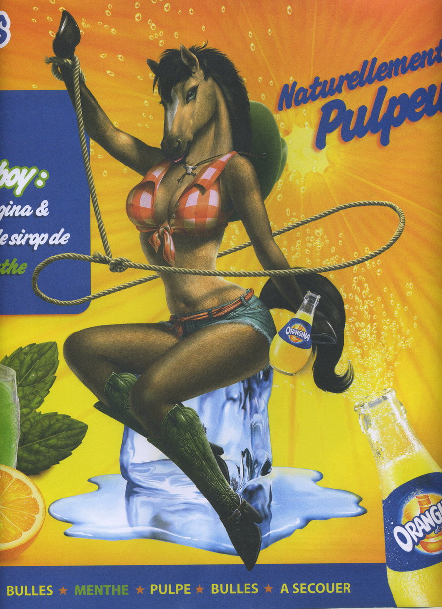 advertisement equine female ffl_paris hooves horse hot_pants ice_cube lasso mare orangina poster solo tie_top