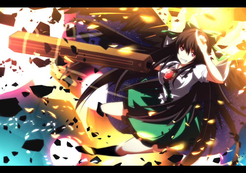 arm_cannon bad_id bad_pixiv_id black_hair blush breasts cape explosion itoo long_hair medium_breasts red_eyes reiuji_utsuho skirt solo third_eye touhou weapon wings