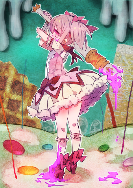 bad_id bad_pixiv_id blood bow bubble_skirt choker dress gloves hair_bow kaname_madoka kneepits kuma_jet looking_back magical_girl mahou_shoujo_madoka_magica pink_eyes pink_hair puffy_sleeves short_hair short_twintails skirt solo staff twintails witch's_labyrinth