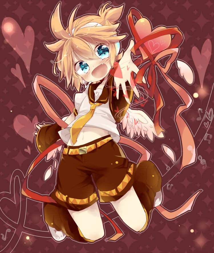 angel_wings aqua_eyes bad_id bad_pixiv_id blonde_hair blush detached_sleeves headphones headset heart kagamine_len leg_warmers male_focus open_mouth shorts smile solo touyama_soboro vocaloid wings