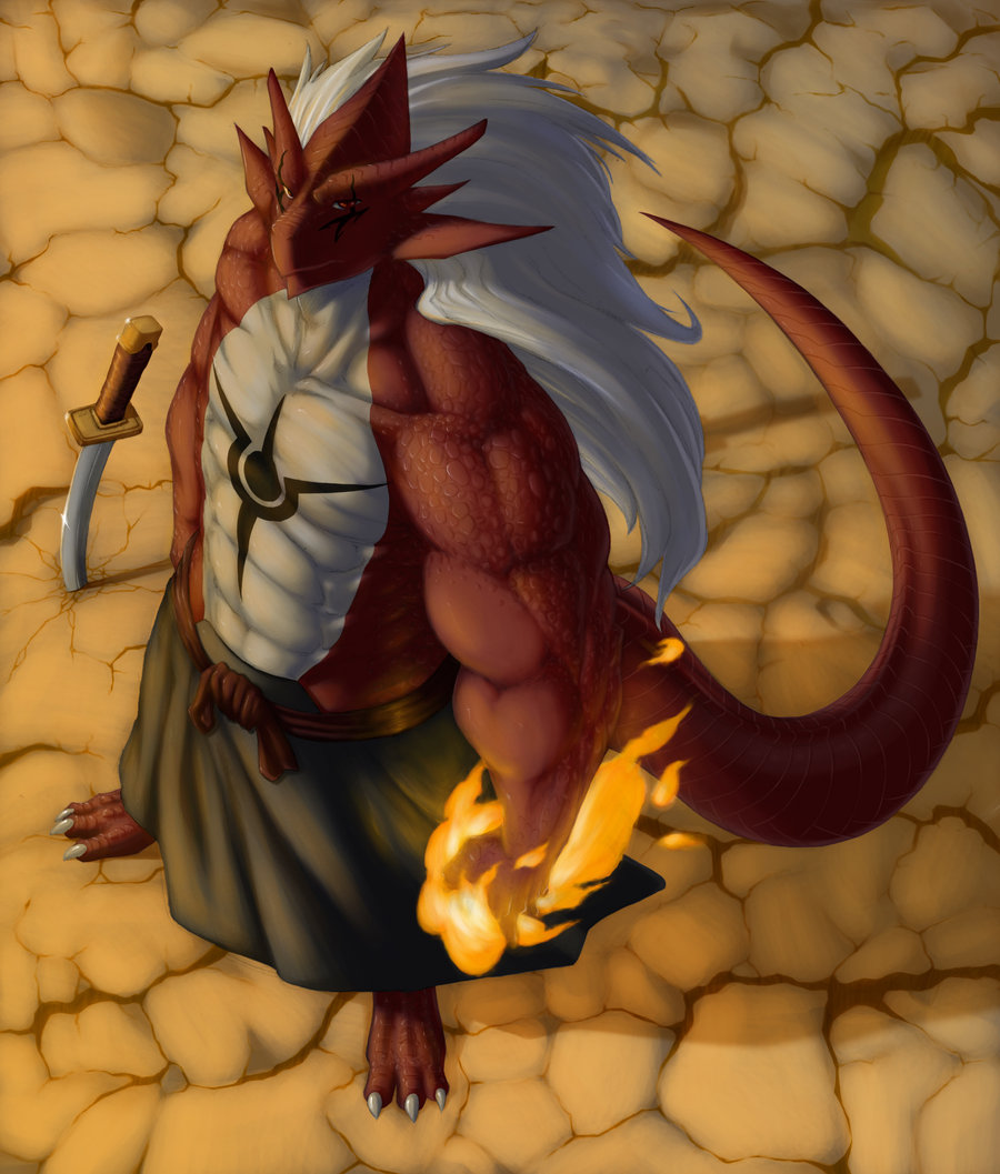 anthro biceps body_markings desert dragon fire hair looking_at_viewer male markings muscles pecs red red_dragon red_scales ryuakira solo sword tattoo topless weapon white white_body white_hair