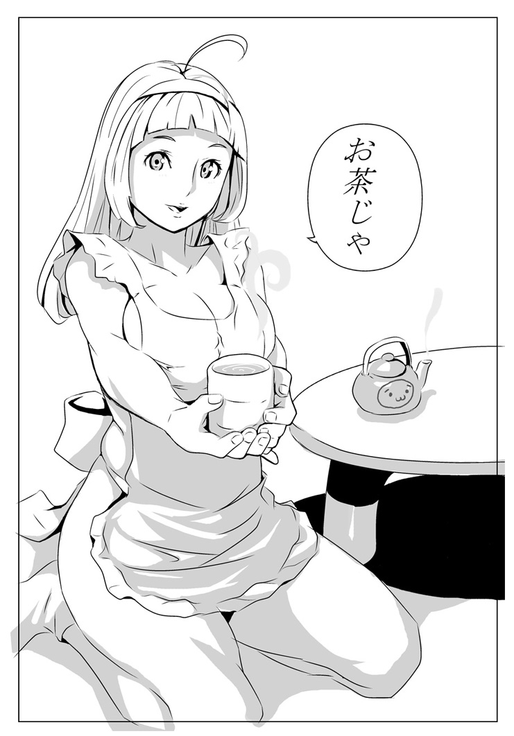 ahoge breasts cleavage copyright_request cup greyscale hairband hero_(do-belman) kneeling large_breasts legs long_hair monochrome solo tea teapot translated