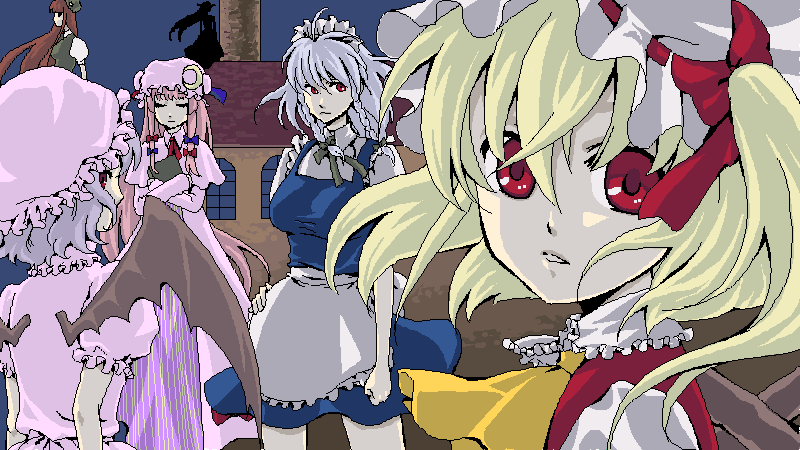 ascot bad_id bad_pixiv_id bat_wings blonde_hair closed_eyes crescent face flandre_scarlet hat hong_meiling izayoi_sakuya koakuma looking_at_viewer looking_back maid maid_headdress multiple_girls oekaki patchouli_knowledge red_eyes remilia_scarlet ryouko_(ddism) silhouette the_embodiment_of_scarlet_devil touhou wind wings