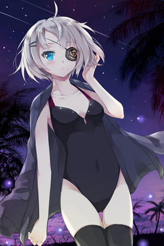 ahoge aqua_eyes eyepatch iri_flina jacket_on_shoulders lowres night nyanya one-piece_swimsuit short_hair silver_hair sky solo star_(sky) starry_sky swimsuit sword_girls thighhighs