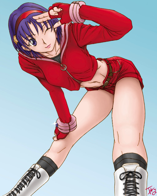alternate_costume alternate_hairstyle asamiya_athena boots earrings fingerless_gloves gloves hairband jewelry kneehighs lips midriff one_eye_closed purple_eyes purple_hair red_hairband salute short_hair shorts simple_background solo the_king_of_fighters