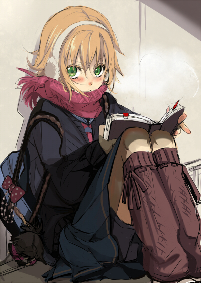 bad_id bad_pixiv_id bag bike_shorts blush book brown_hair casual character_doll chia cold contemporary earmuffs frown green_eyes leg_warmers looking_up raven_(tales) rita_mordio scarf short_hair sitting skirt solo tales_of_(series) tales_of_vesperia