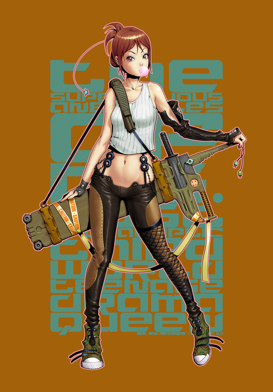 bangs brown_hair bubble_blowing chester_ocampo elbow_gloves fishnets full_body gloves highres knife leather leather_pants looking_at_viewer midriff multicolored multicolored_eyes navel original oversized_object pants ponytail shoes simple_background sneakers solo star suspenders sword tank_top tight tight_pants weapon