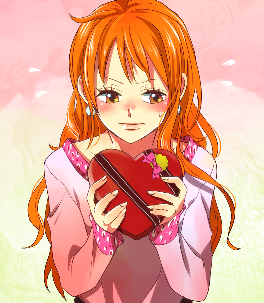 box earrings gift heart heart-shaped_box himerinco holding holding_gift jewelry lips long_hair nami_(one_piece) one_piece orange_hair solo sweatdrop valentine