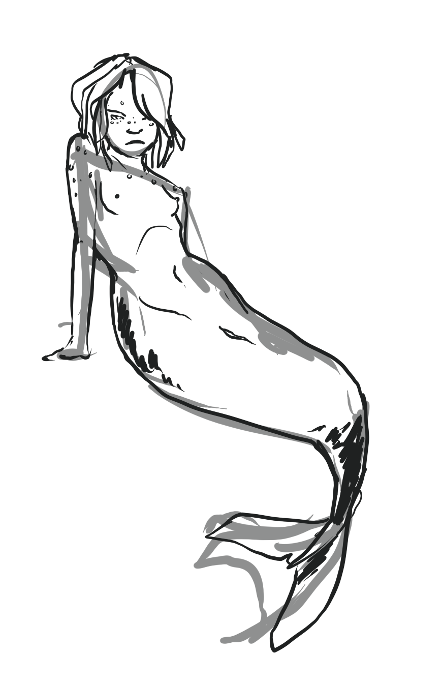 black_and_white breasts female fish_tail freckles frown frowning human looking_at_viewer mammal mermaid monochrome no_feet not_furry nude plain_background pussy sketch solo unknown_artist white_background