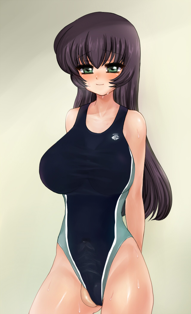 black_hair blush breasts bulge cameltail character_request futanari green_eyes large_breasts long_hair penis piririnegi source_request sweat swimsuit tears testicles