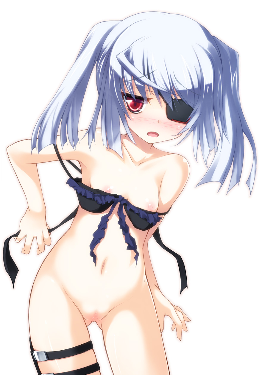 bare_shoulders bikini_pull bikini_top blush bottomless eyepatch flat_chest highres holster infinite_stratos laura_bodewig long_hair nipples open_mouth pulled_by_self pussy red_eyes safi silver_hair solo strap_slip thigh_holster thigh_strap uncensored