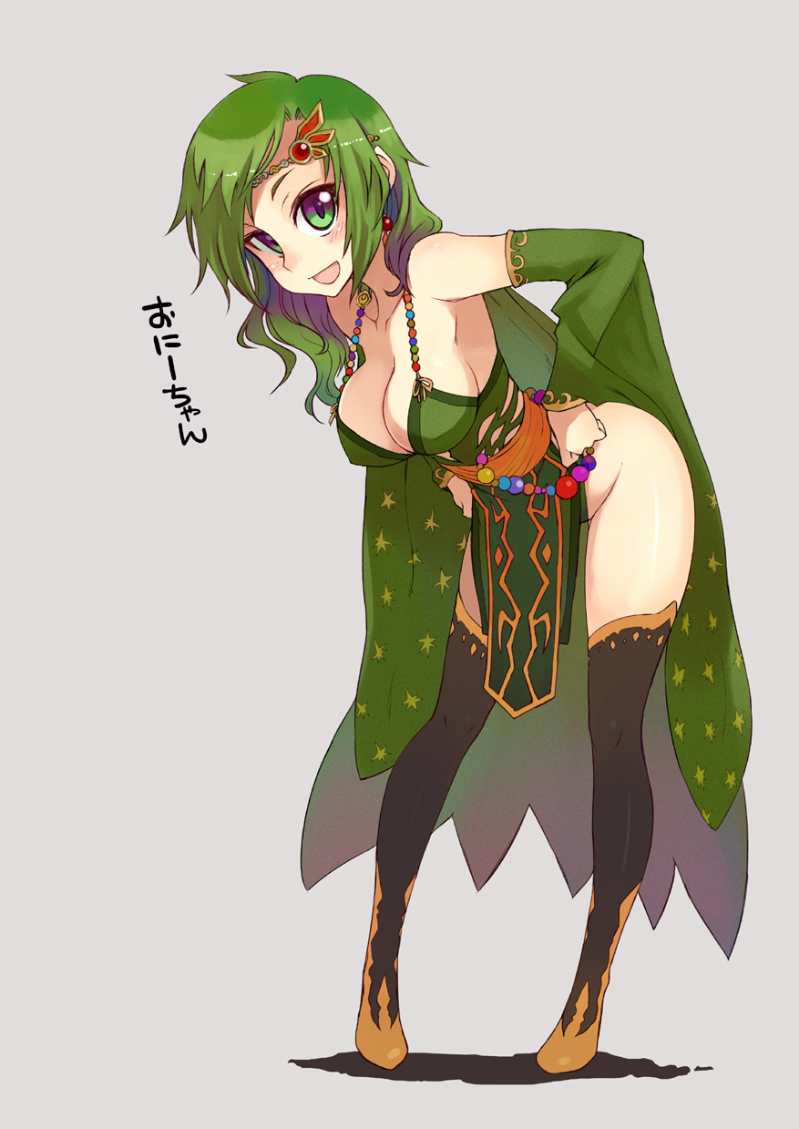 bad_id bad_pixiv_id bare_shoulders black_legwear blush boots breasts cleavage detached_sleeves final_fantasy final_fantasy_iv green_eyes green_hair groin highres kusanagi_tonbo large_breasts leaning_forward legs long_hair older open_mouth pelvic_curtain rydia sideboob simple_background smile solo thigh_boots thighhighs thighs translated