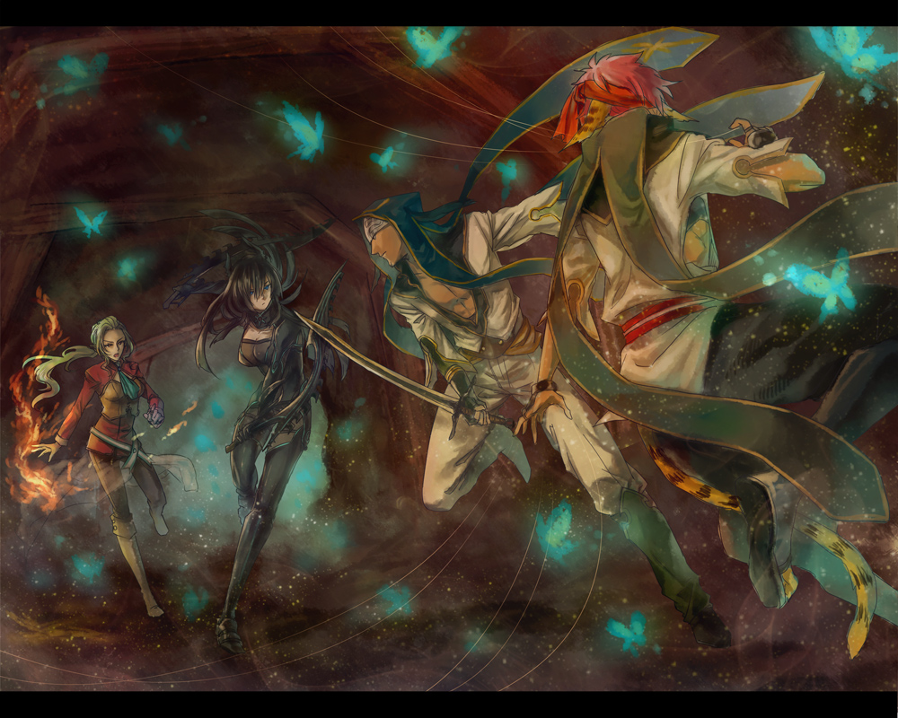 2girls bad_id bad_pixiv_id battle boots bug butterfly fire insect letterboxed multiple_boys multiple_girls pixiv_fantasia pixiv_fantasia_5 sword weapon ymsr