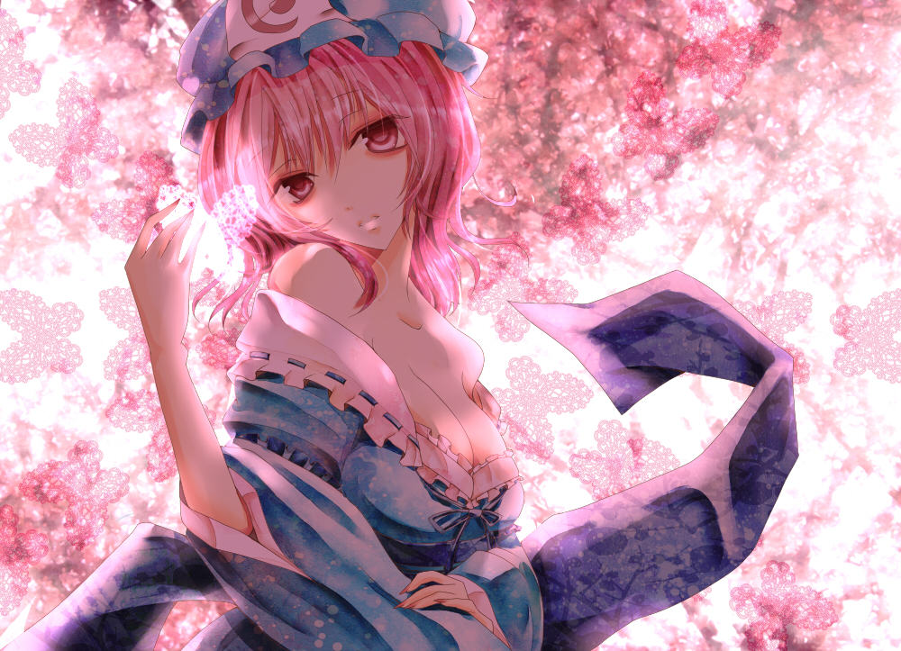 antiqua_c bare_shoulders blue_dress breasts bug butterfly cherry_blossoms cleavage dress hat insect medium_breasts off_shoulder pink pink_eyes pink_hair ribbon saigyouji_yuyuko solo touhou triangular_headpiece upper_body