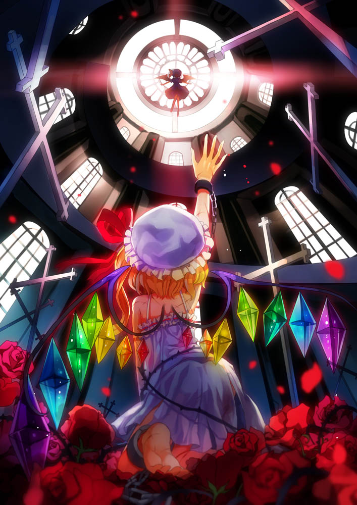 alternate_costume ankle_cuffs arm_up bare_shoulders barefoot bat_wings blonde_hair blurry ceiling chain cross crystal cuts depth_of_field flandre_scarlet flower flying from_behind from_below hakoiri_nekohime hat injury kneeling multiple_girls outstretched_arm petals reaching red_flower red_rose remilia_scarlet rose short_hair siblings silhouette sisters touhou window wings wrist_cuffs