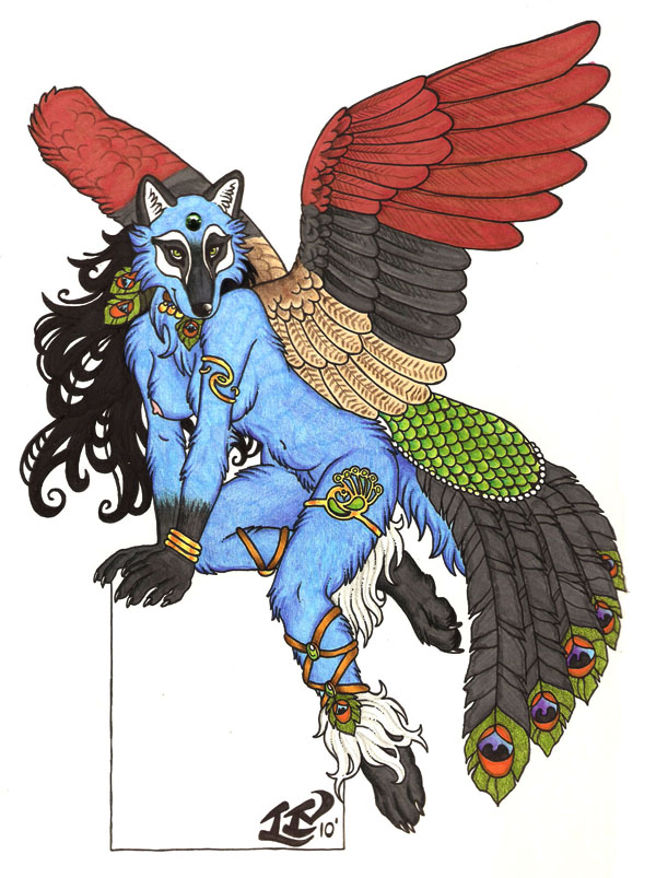 anthro avian blue blue_fur breasts canine feathers female fur hybrid luthiennightwolf mammal nipples nude solo wings wolf