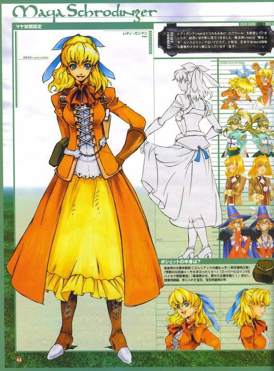 belt blonde_hair blue_eyes boots bow character_name collar cosplay dress dual_persona full_body gloves hand_on_hip hat high_heels jacket long_hair maya_schrodinger official_art ooba_wakako orange_dress ponytail ribbon scan scan_artifacts shoes short_hair sketch smile wild_arms wild_arms_3 witch witch_hat