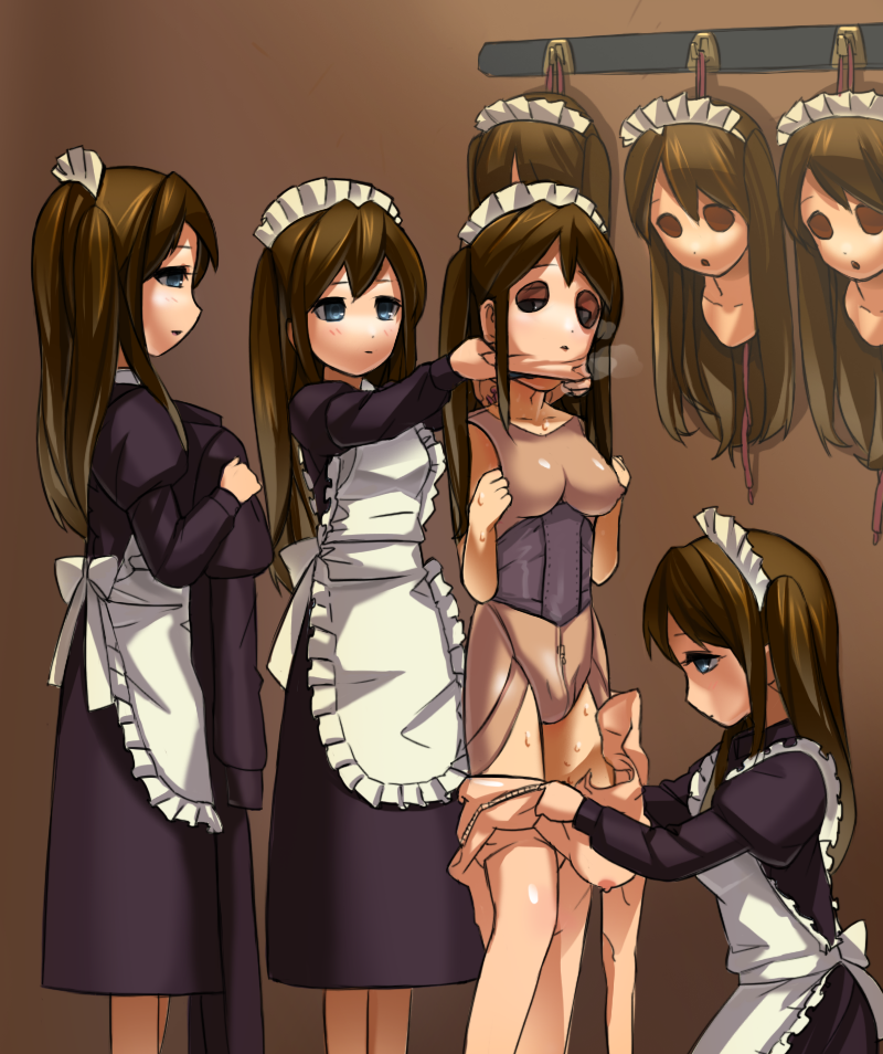 blue_eyes bodysuit breasts breath brown_hair bulge change cosplay costume crossdress crossdressing dachaku dressing empty_eyes hypnosis kigurumi long_hair maid maid_apron maid_headdress male male_focus mask mind_control original skirt standing sweat trance trap trap_factory two_side_up undressing