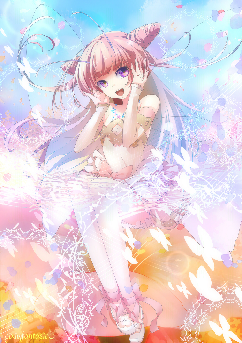 bare_shoulders bow detached_sleeves hair_bun highres long_hair open_mouth pink_hair pixiv_fantasia pixiv_fantasia_5 plastick purple_eyes sitting solo