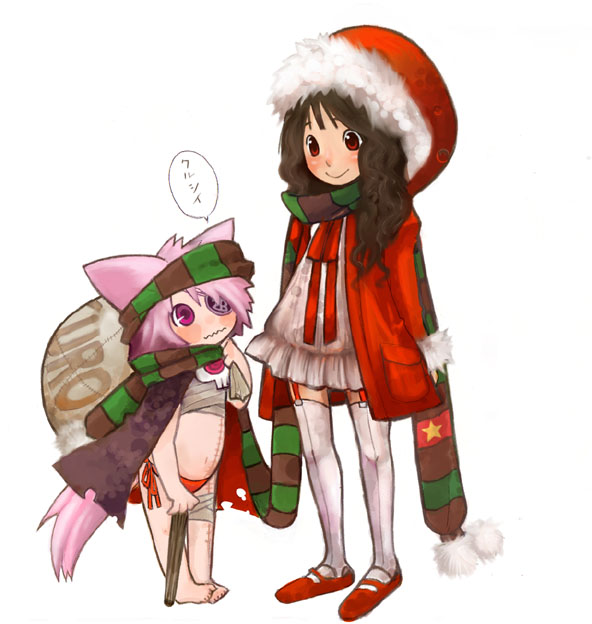 animal_ears bag bandages brown_hair cloak dress garter_straps hat kohne mary_janes multiple_girls neoko original pink_eyes pink_hair red_eyes ribbon santa_hat scarf shared_scarf shoes smile stitches striped striped_scarf tail thighhighs