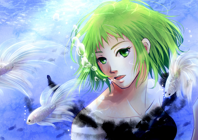 bad_id bad_pixiv_id bubble dress fish green_eyes green_hair gumi hazuki_(azana) solo underwater vocaloid