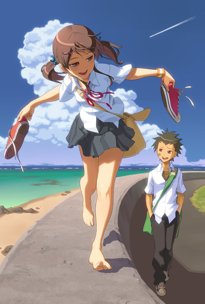 1girl aoi_sora_(pairan) bag balancing bandaid bandaid_on_face bare_legs barefoot beach black_pants blouse blue_sky brown_eyes brown_hair cloud concrete condensation_trail day dress_shirt face feet full_body grey_skirt hair_ornament hairclip hands_in_pockets holding holding_shoes horizon looking_at_another neck_ribbon ocean on_wall original outdoors outstretched_arms pairan pants pleated_skirt red_eyes red_ribbon ribbon round_teeth satchel school_uniform serafuku shirt shoes shoes_removed short_sleeves short_twintails shoulder_bag skirt sky smile sneakers spread_arms teeth toe-point twintails walking wall wallwalking white_blouse white_shirt wristband