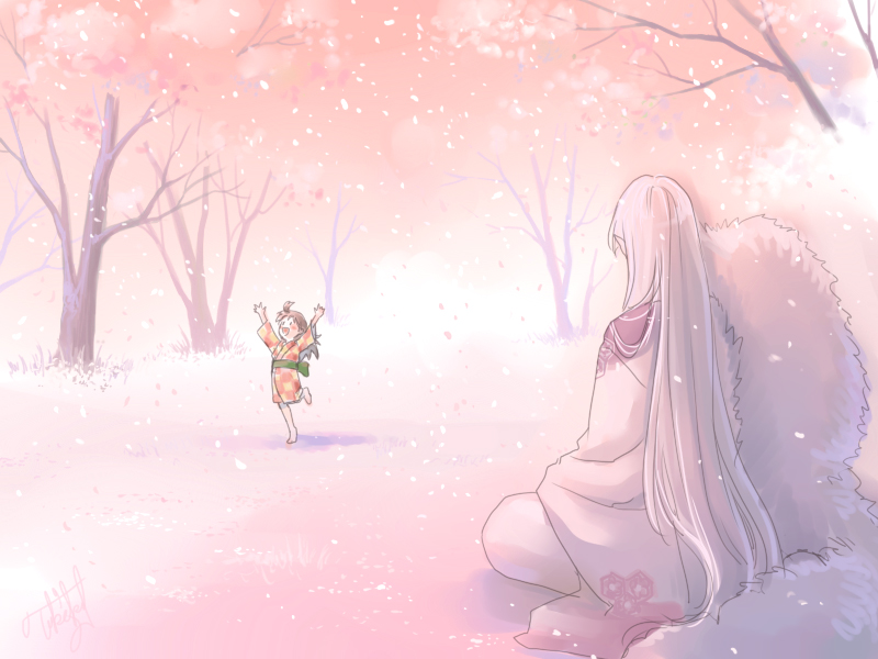 1girl barefoot cherry_blossoms child from_behind fur inuyasha japanese_clothes kimono long_hair pale_color pink pointy_ears rin_(inuyasha) sesshoumaru signature smile tokiko_(psychopomp) tree white_hair