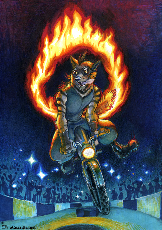 audience circle crazed crowd daredevil fire goggles halo hoop hyena male motorcycle oce performance