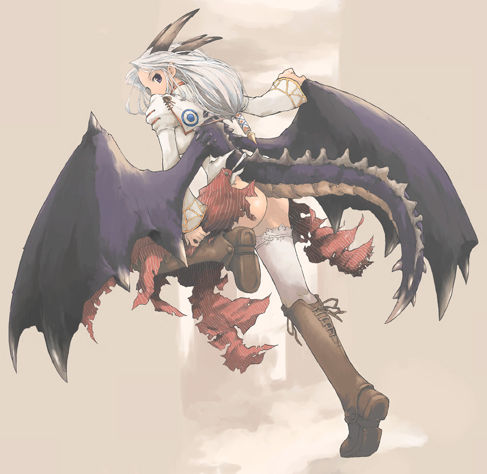 ass boots dragon dragon_girl horns monster_girl original pota_(nabrinko) silver_hair solo tail thighhighs torn_clothes white_hair wings