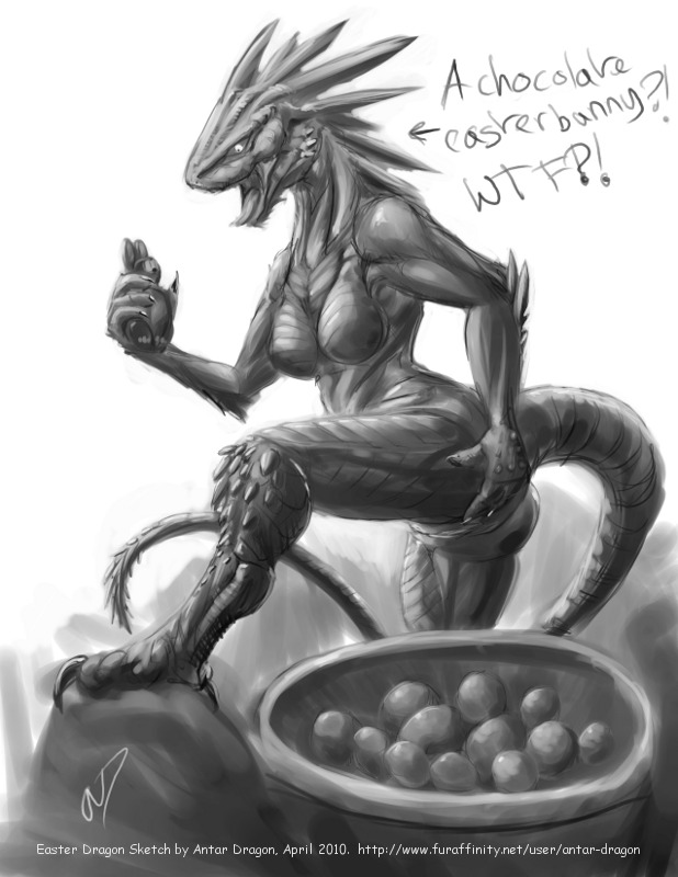 antar_dragon basket breasts chocolate_bunny dragon dragonborn dungeons_&amp;_dragons dungeons_and_dragons easter_bunny egg female greyscale horn monochrome nude plain_background rock scales solo tongue tongue_out