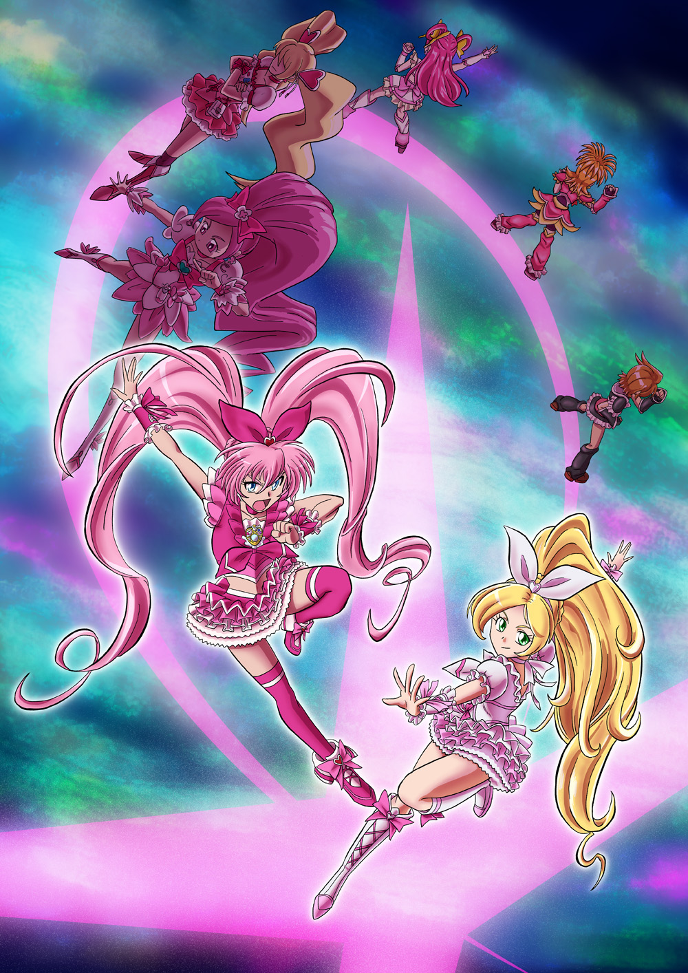 ahoge angry bad_id bad_pixiv_id blonde_hair blue_eyes boots bow braid brooch brown_hair choker color_connection crossed_arms cure_black cure_bloom cure_blossom cure_dream cure_melody cure_peach cure_rhythm dress flower fresh_precure! frills from_behind full_body futari_wa_precure futari_wa_precure_splash_star gozon green_eyes hair_flower hair_ornament hair_ribbon hair_rings hairpin hanasaki_tsubomi heart heartcatch_precure! highres houjou_hibiki hyuuga_saki jewelry knee_boots long_hair magical_girl midriff minamino_kanade misumi_nagisa momozono_love multiple_girls no_eyes no_mouth open_mouth outstretched_arm pink pink_bow pink_choker pink_eyes pink_hair pink_legwear pointing ponytail precure precure_all_stars ribbon shoes short_hair smile spiked_hair suite_precure thighhighs twintails white_choker wrist_cuffs yes!_precure_5 yumehara_nozomi zettai_ryouiki