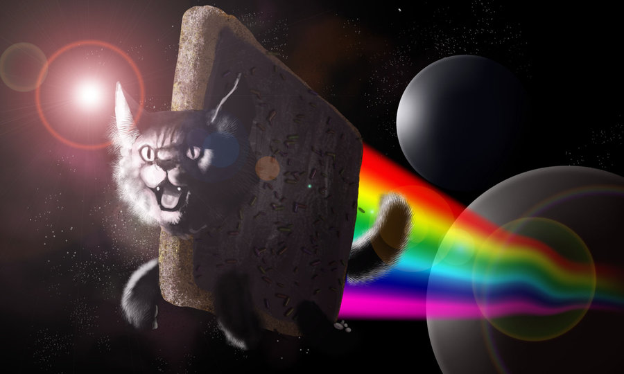 ambiguous_gender cat feline kingaby lens_flare mammal nyan_cat open_mouth poptart poptart_cat rainbow solo space sprinkles stars sunflare what