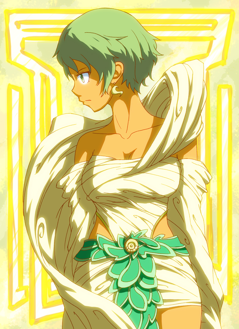 bad_id bad_pixiv_id bare_shoulders copyright_request earrings green_eyes green_hair jewelry short_hair solo unpopin