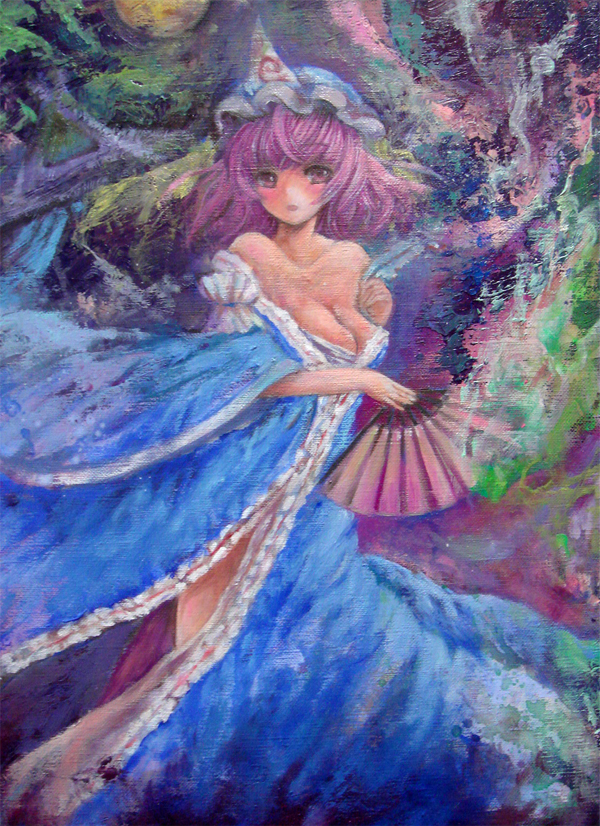 aboooo bad_id bad_pixiv_id bare_shoulders blue_dress blush breasts cleavage dress fan folding_fan hat japanese_clothes large_breasts off_shoulder oil_painting_(medium) open_clothes open_dress open_mouth pink_eyes pink_hair saigyouji_yuyuko solo touhou triangular_headpiece