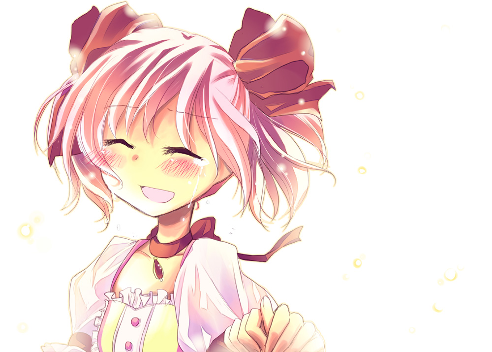 blush choker closed_eyes hair_ribbon holding_hands jewelry kaname_madoka magical_girl mahou_shoujo_madoka_magica out_of_frame pendant pink_hair pov pov_hands puffy_sleeves red_choker ribbon short_hair short_twintails simple_background smile solo_focus sparkle tears twintails yuzuki_(rurirara)