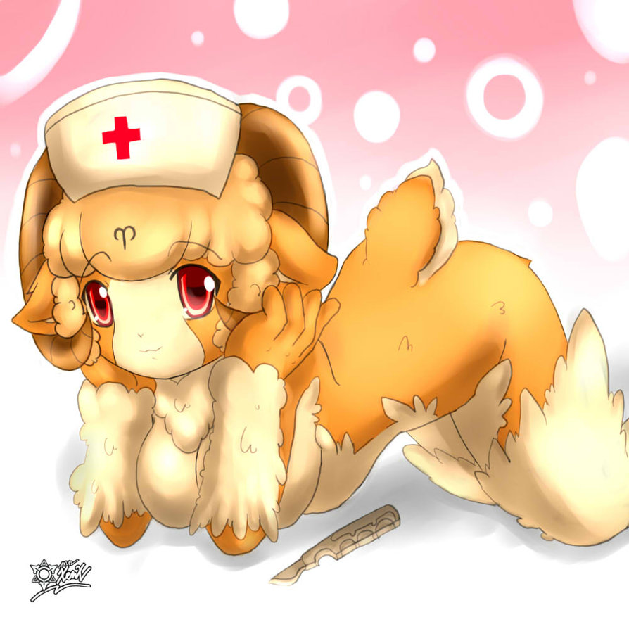 breasts caprine cute female hair horn horns knife mammal medical mnxenx001 nurse_hat red_eyes scalpel sheep smile tail