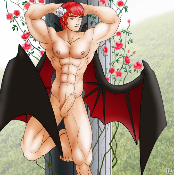 abs bat_wings chest erection flower male male_focus muscle nature nude outdoors pecs penis solo standing uncensored wings yaoi