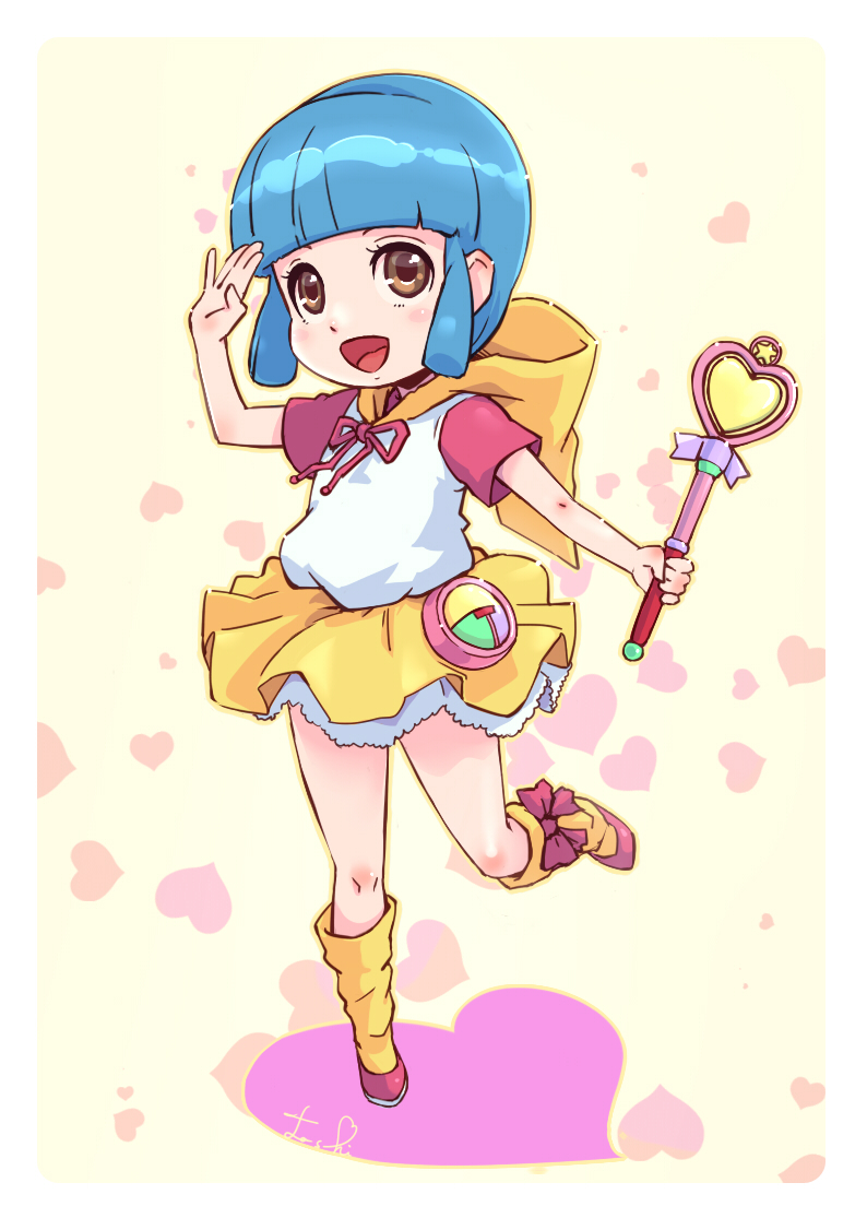 :d blue_hair bow brown_eyes face frills full_body happy heart hood hoodie kneehighs mahou_no_tenshi_creamy_mami morisawa_yuu open_mouth ribbon shoes short_hair sidelocks skirt smile solo toshi_punk very_short_hair wand yellow_legwear