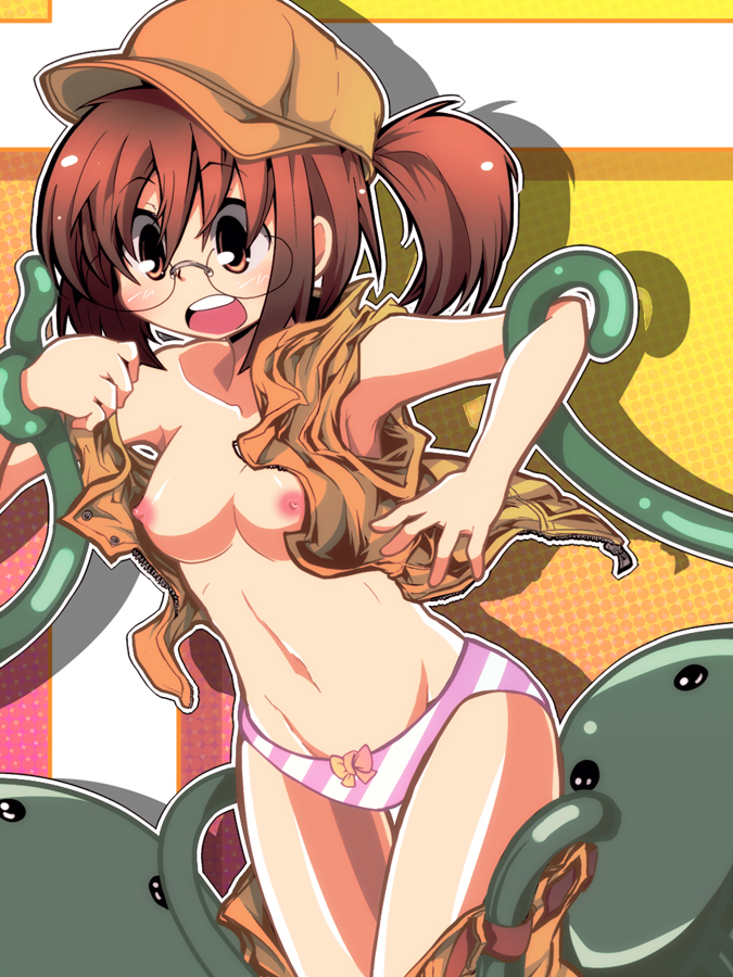 artist_request belly_button big_breasts blush breasts brown_hair fio_germi glasses hat large_breasts metal_slug monster navel nipples open_clothes open_mouth open_shirt panties pants_down pants_pull ponytail restrained shirt snk striped striped_panties tentacle tom_(drpow) underwear you_gonna_get_raped