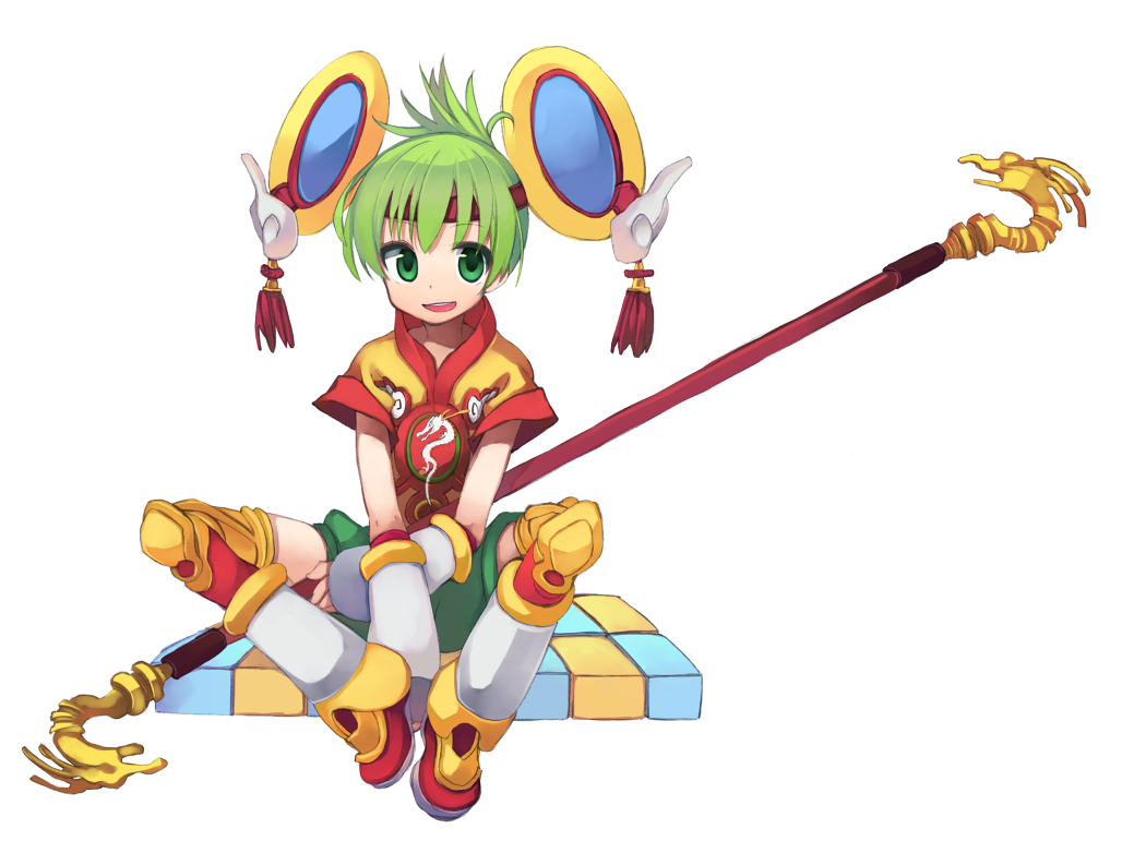 bad_id bad_pixiv_id detached_sleeves dragon_kid elbow_gloves gloves green_eyes green_hair huang_baoling looking_at_viewer maroyaka51 open_mouth polearm short_hair shorts simple_background sitting solo thighhighs tiger_&amp;_bunny weapon white_background