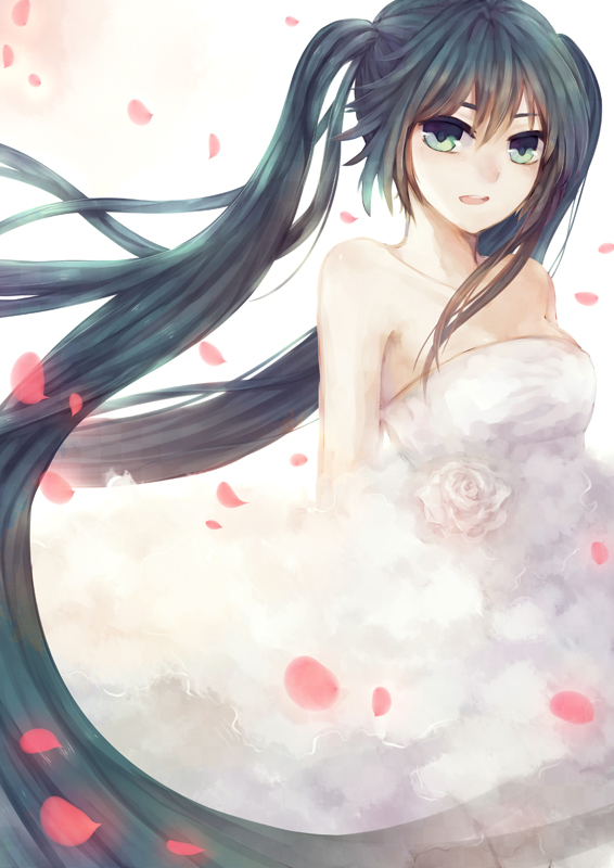 aqua_eyes aqua_hair bad_id bad_pixiv_id bare_shoulders dress formal geoly hatsune_miku long_hair open_mouth petals solo strapless strapless_dress twintails very_long_hair vocaloid