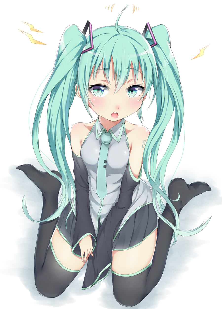 ahoge bad_id bad_pixiv_id blush detached_sleeves green_eyes green_hair harushin hatsune_miku highres long_hair necktie open_mouth sitting solo thighhighs twintails very_long_hair vocaloid wariza