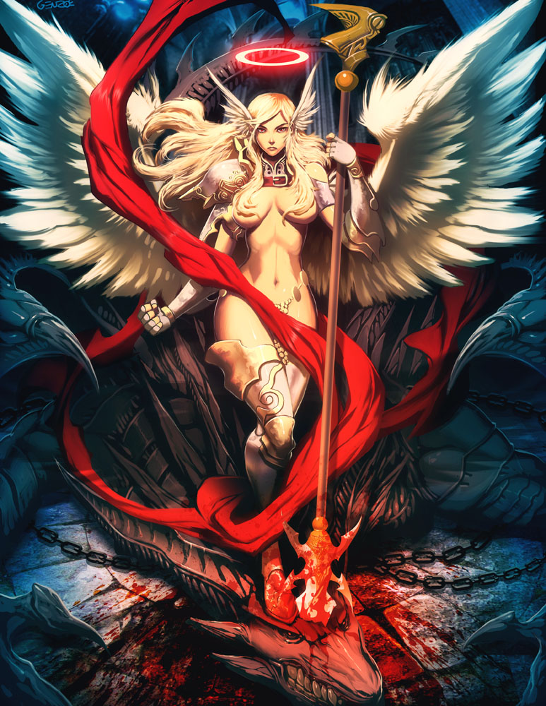 angel blonde_hair blood bracer breasts censored chain convenient_censoring dragon fingerless_gloves genzoman gloves hair_over_breasts halo head_wings long_hair medium_breasts navel original pauldrons pillar polearm solo spear staff thighhighs topless vambraces weapon wings