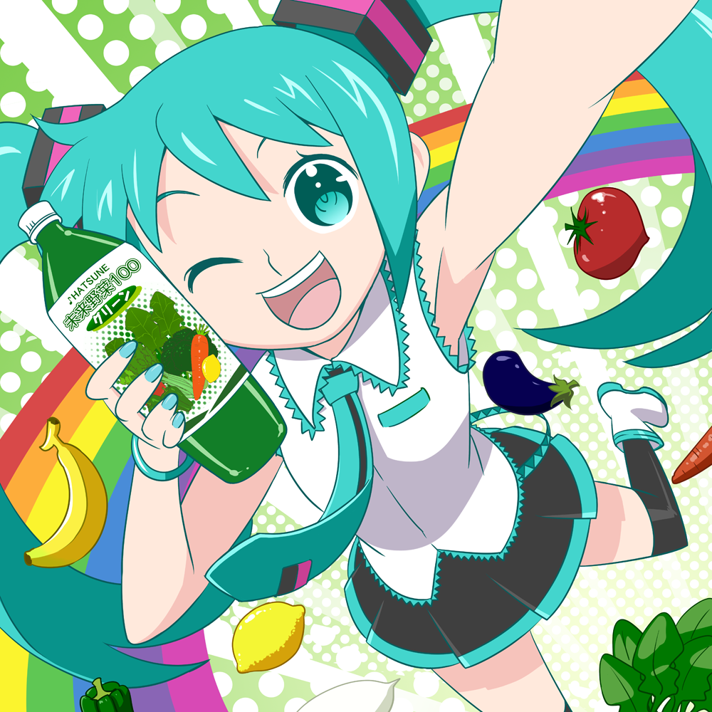 :d aqua_eyes aqua_hair arm_up armpits banana bell_pepper bracelet carrot eggplant face flat_chest food foreshortening fruit hatsune_miku holding jewelry lemon long_hair nail_polish necktie one_eye_closed open_mouth pepper poppippoo_(vocaloid) rainbow skirt smile solo sunafuki_tabito thighhighs tomato twintails vegetable_juice very_long_hair vocaloid