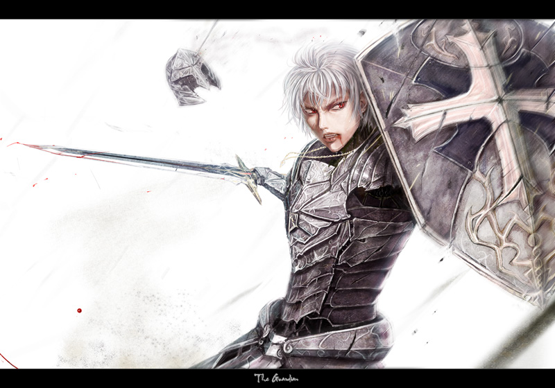 armor arrow bad_id bad_pixiv_id blood cross full_armor gauntlets headwear_removed helmet helmet_removed hwansang jewelry knight letterboxed male_focus necklace original red_eyes shield silver_hair solo sword weapon