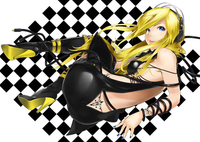 aoyagi_akira blonde_hair blue_eyes boots headphones high_heels lily_(vocaloid) long_hair looking_back nail_polish shoes solo tattoo thigh_boots thighhighs vocaloid